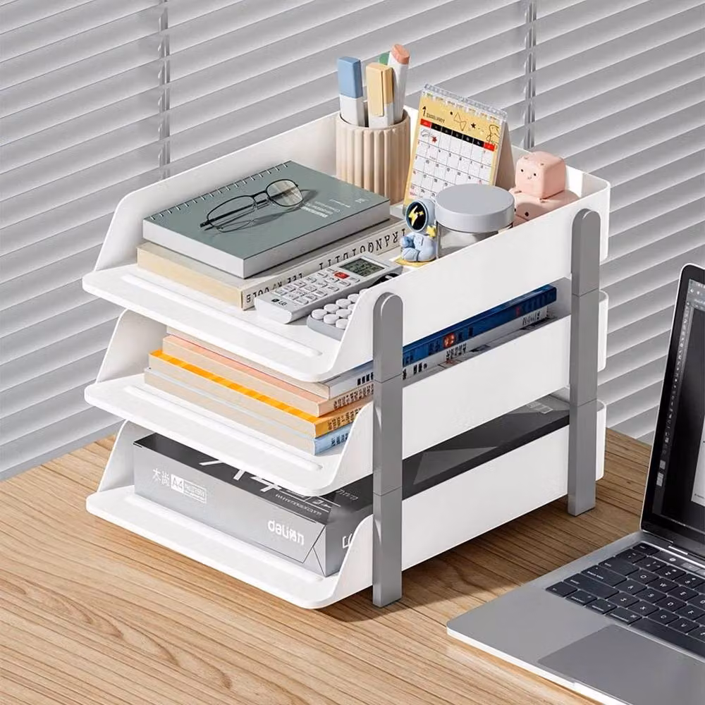 FORGEVIO 3 Tier Stackable Desktop A4 Paper File Rack in White – 2