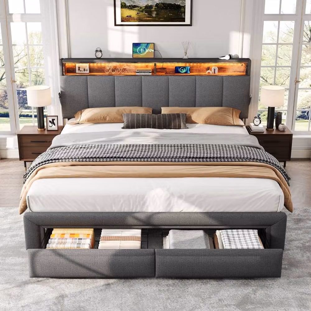 ModernLuxe King Upholstered Ottoman Bed in Grey with Drawers, LED Storage Headboard, USB Charging Ports and Bedside Shelves, W/D/H: 180 x 200 cm – 3