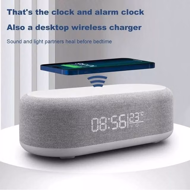 NESTLUNE 6-in-1 Digital Alarm Clock and Bluetooth Speaker with 15W Output, Grey, W: 100 cm, H: 15 cm