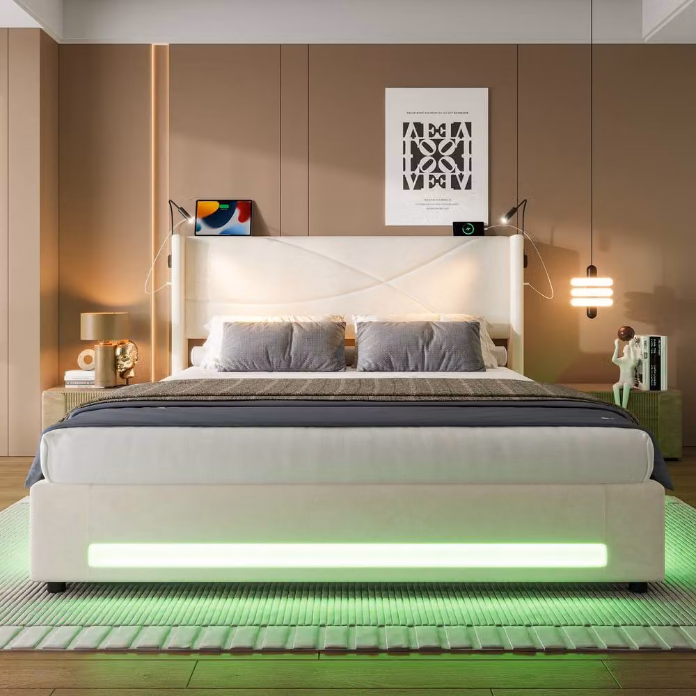 Matteo Modern Beige Velvet King Bed Frame with Lift Up Storage, USB Charging Ports, Reading Lights and Under Bed LED Lighting, W/D/H: 180 x 200 cm – 3