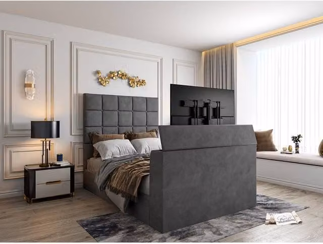 KDMD Luther Upholstered Grey TV Bed Frame, W/D/H: 120 x 200 cm