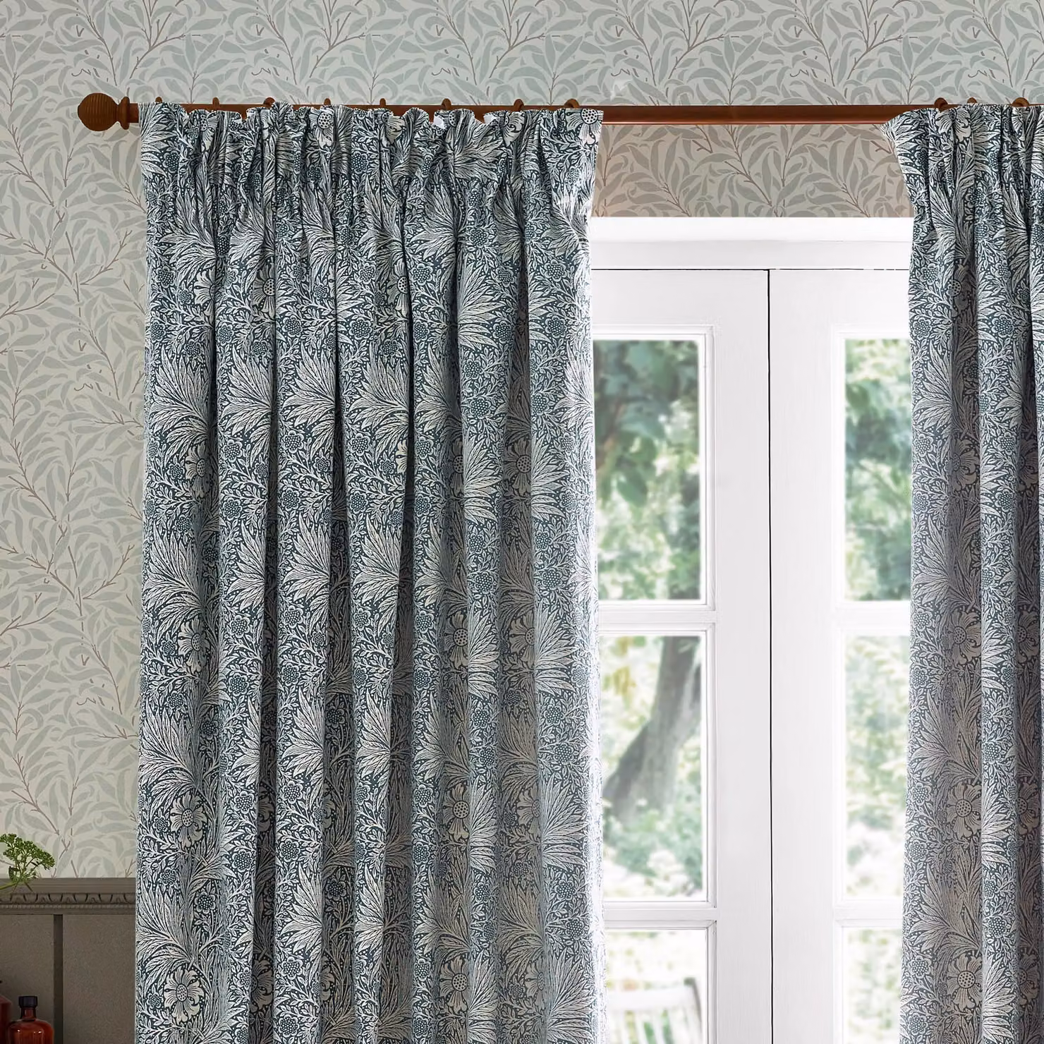 Morris & Co Marigold Floral Jacquard Pencil Pleat Curtains in Blue, Width: 117 cm, Drop: 137 cm – 3