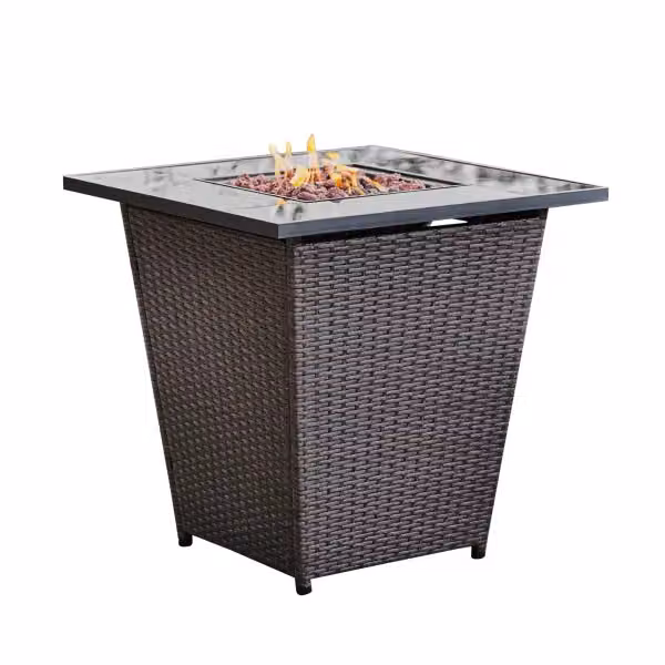 Teamson Home Modern Brown Rattan Outdoor Propane Gas Fire Pit Tall Table with Lava Rocks and Cover – 2