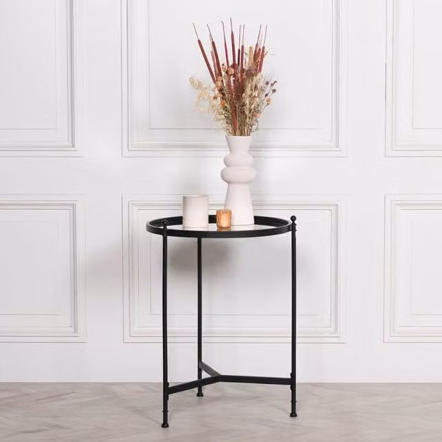 Glasstone Black Iron Round Side Table with Antique Mirror Glass, W/D/H: 55 x 55 x 74 cm