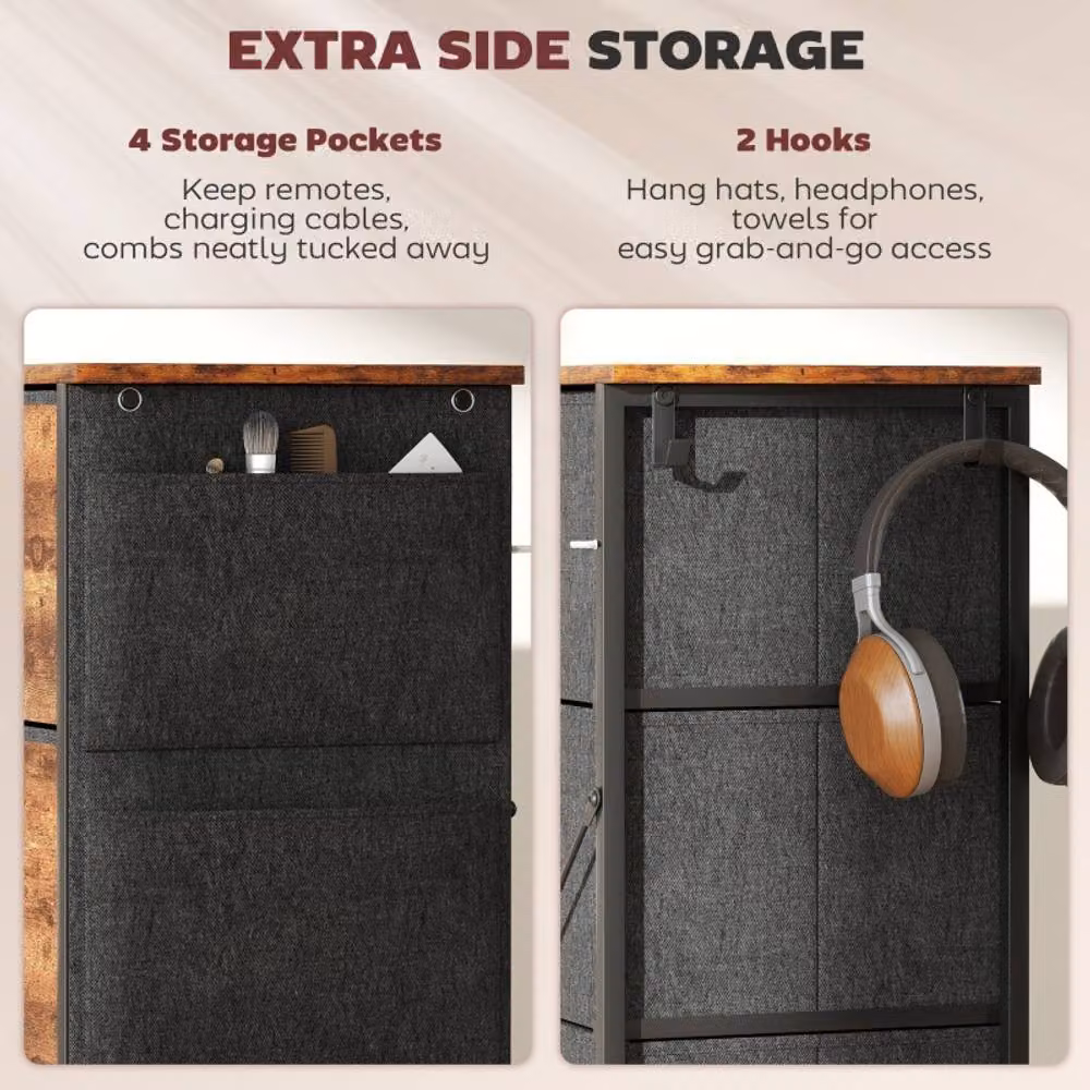 STILVORA Chest of 4 Fabric Drawers with Pockets in Rustic Brown – 5