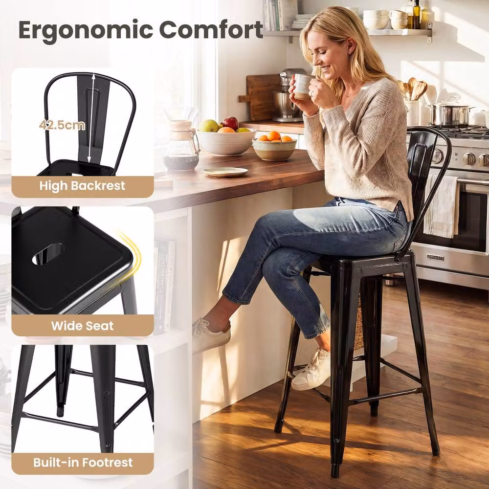 Costway Modern Black Metal Counter Height Barstools with Backrests and Footrests – 10