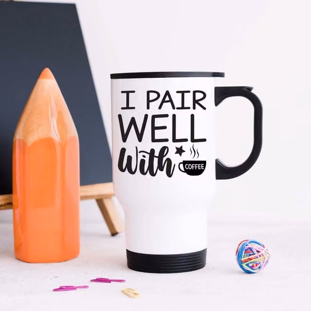 60 Second Makeover Limited I Pair Well With Coffee Metal Travel Mug in White