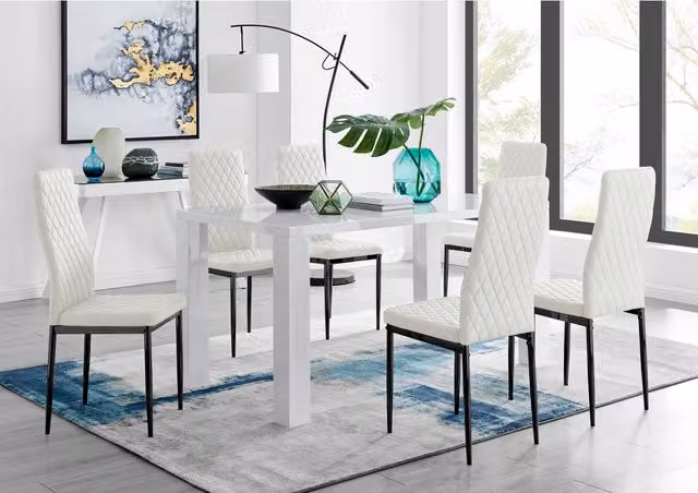 FurnitureboxUK Pivero White Rectangular Dining Table and 6 Milan Black Leg Chairs Set