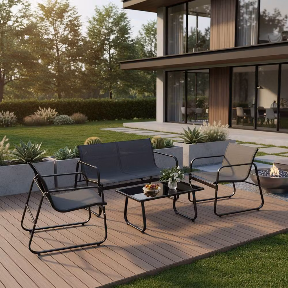 Costway 4-Piece Outdoor Furniture Set in Black with Metal Frame, Upholstered Cushions, 2-Seater Sofa, Armchairs and Coffee Table – 7