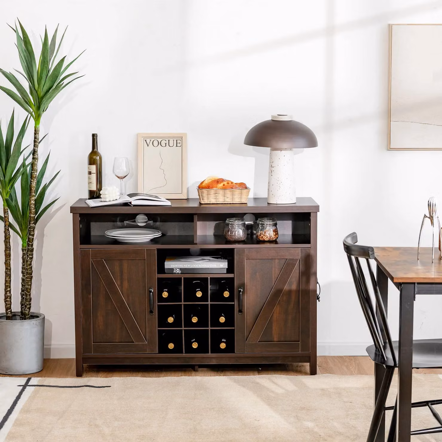 Costway Farmhouse Buffet Storage Cabinet with 9-Bottle Wine Rack, Brown – 2