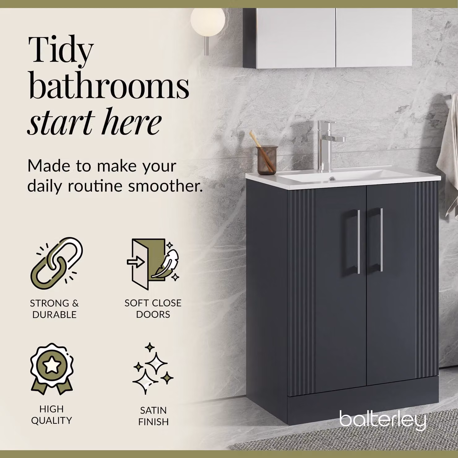 Balterley Grey Floor Standing Bathroom Vanity Unit with Rectangular Basin and Soft Close 2 Doors – 3