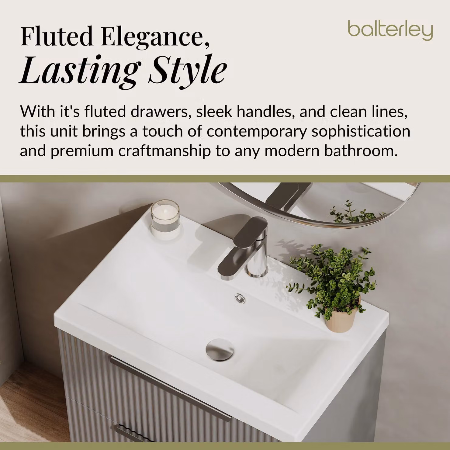 Balterley Fluted Wall Hung 2 Drawer Vanity Basin Unit and Basin, Satin Grey, Width: 60 cm – 2