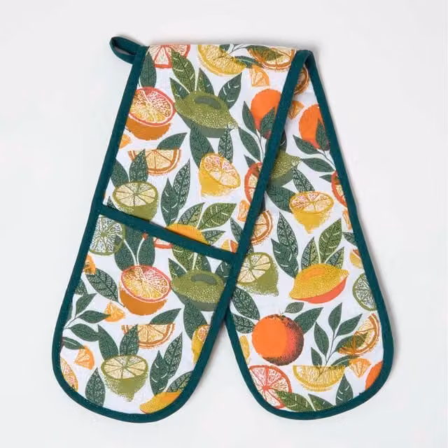 Homescapes Cotton Oven Glove in Green, Orange, Yellow and White with Hanging Loop