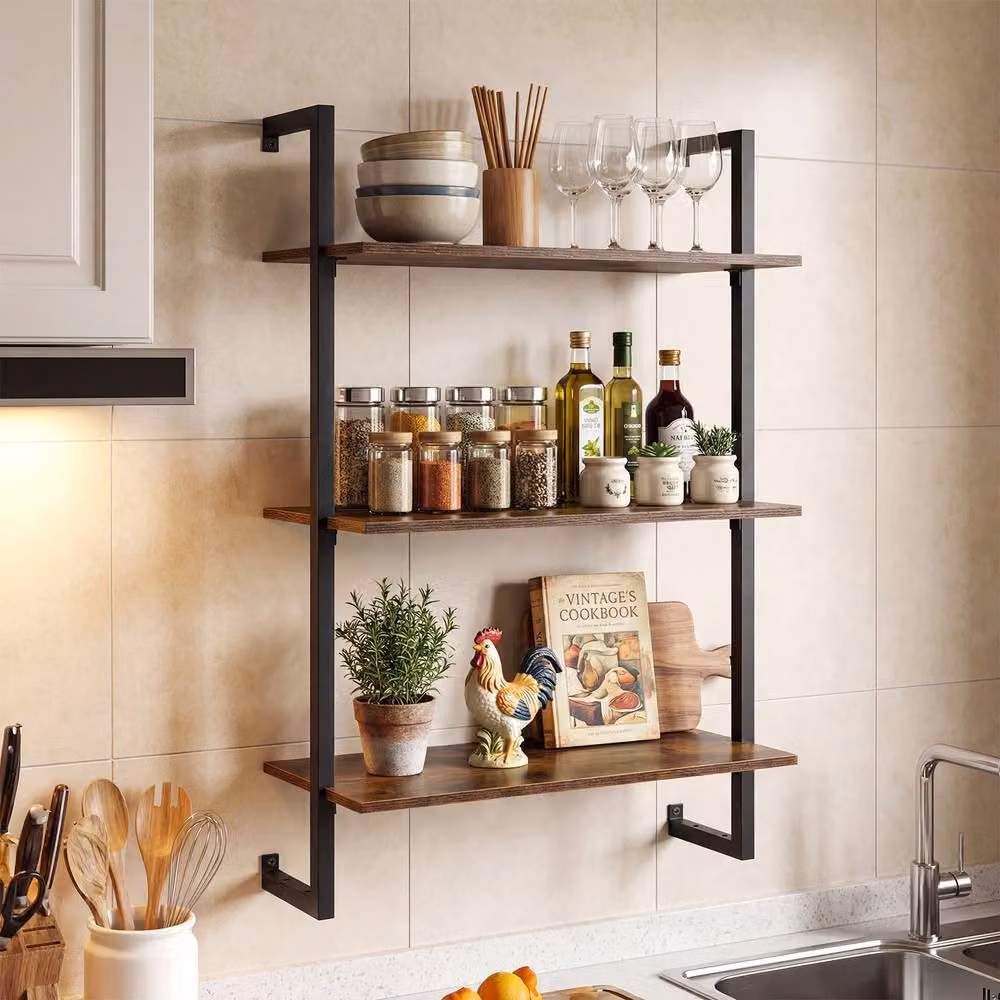 Gymax Industrial 3-Tier Wall Mounted Kitchen Shelf and Floating Display Rack in Brown – 7