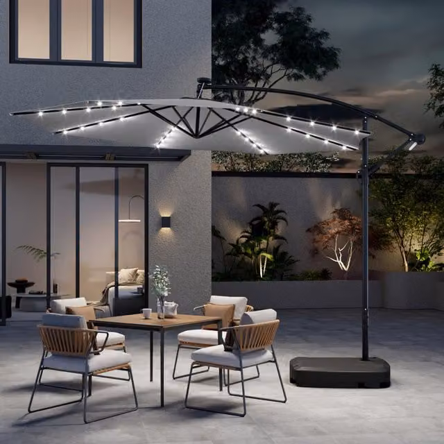 Breeins Parasol with 32 LED Lights and Fillable Base with Wheels, Light Grey