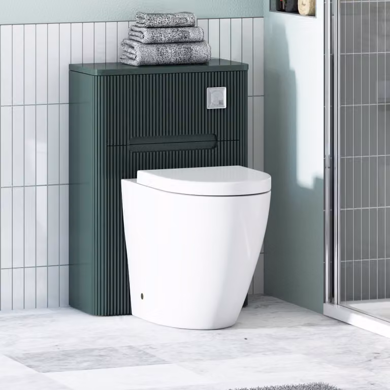 Avenza Moss Green Wall Mounted WC Unit with Elva Rimless Short Projection Ceramic Toilet Pan, Seat and Cistern, W/D/H: 50 x 55 x 55 cm