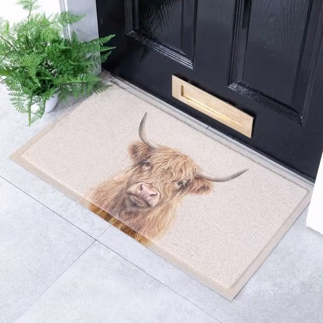 Artsy Mats Neutral Watercolour Highland Cow Doormat in Beige, W: 70 cm, D: 40 cm