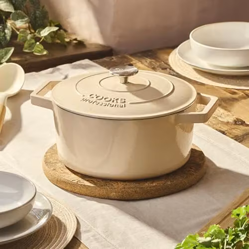 Cooks Professional Enamelled Cast Iron 26cm Casserole Dish with Lid and Handles, 5.8 l, Ivory – 2