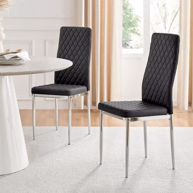 FurnitureboxUK Set of 6 Milan High Back Diamond Pattern Faux Leather Dining Chairs with Silver Chrome Metal Legs in Black