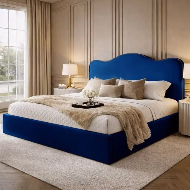Desire Deco Angelito Ottoman Storage Bed Frame in Blue Plush Velvet, Double Size (140 x 200 cm)