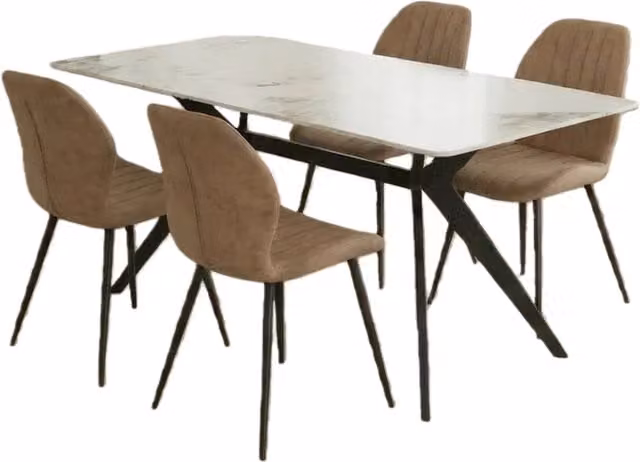 Madefor.living San Diego Rectangular Marble Top Dining Table with Jaydn Tan Faux Leather Chairs and Matt Black X-Frame