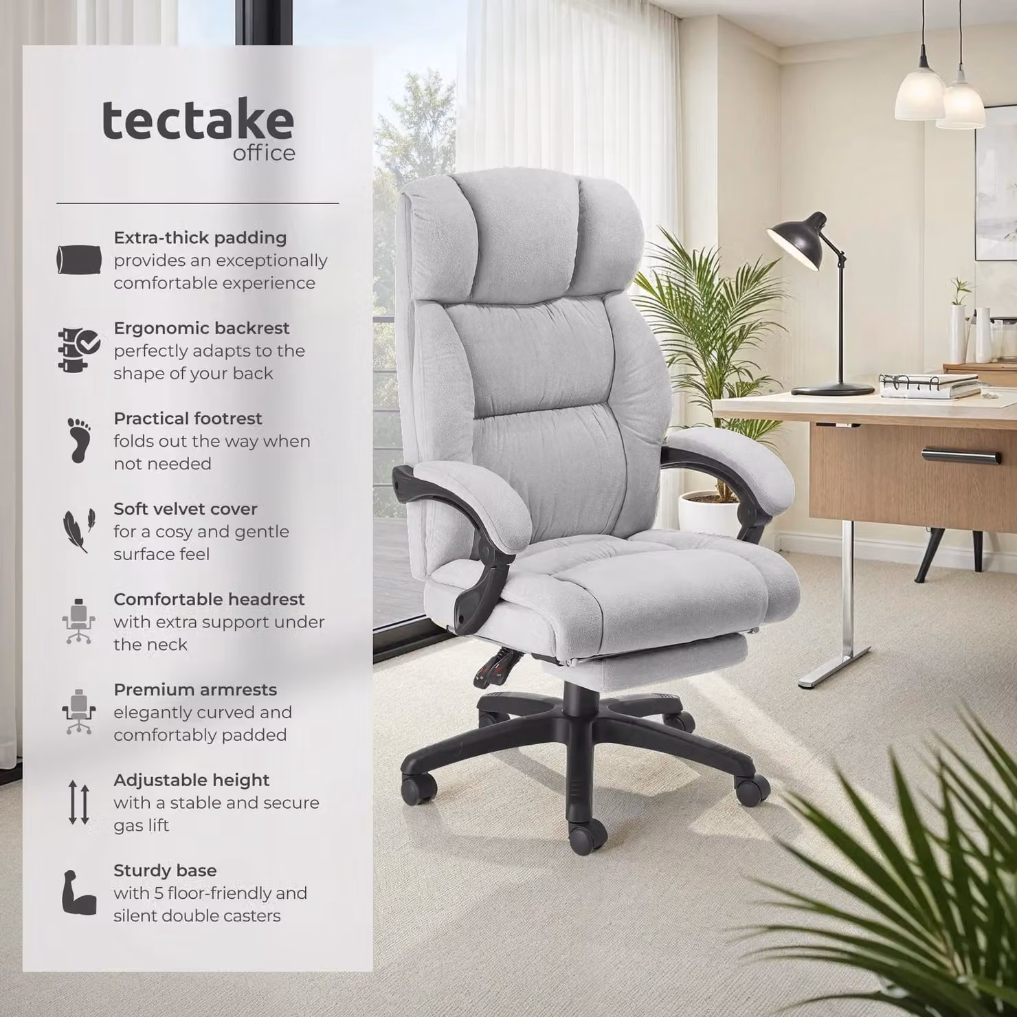 tectake Gillian Modern Grey Velvet Swivel Office and Gaming Chair with Headrest and Armrests – 2