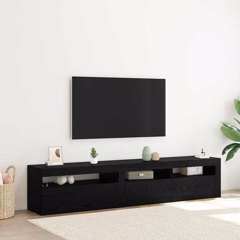 Berkfield Home Set of 2 Modern Black Oak TV Cabinets with LED Lights in Matt Engineered Wood