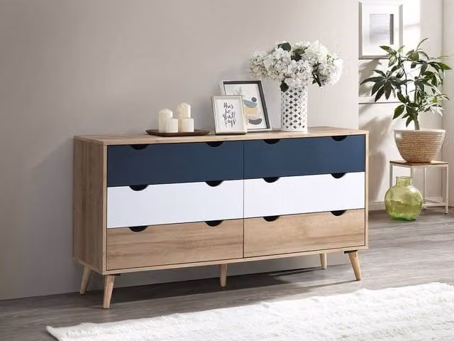 LURVIA 6-Drawer Chest in White, Blue and Multicolour, H: 140 cm x W: 76.5 cm x D: 40 cm