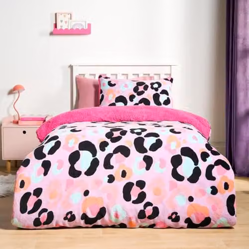 OHS Reversible Leopard Print Double Fleece Duvet Cover and Pillowcase Set in Purple, W/D/H: 200 x 200 cm