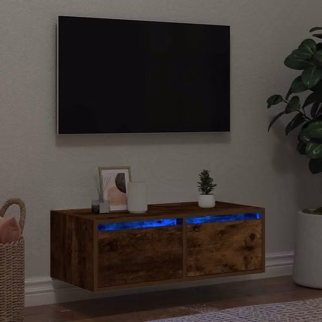 Berkfield Home TV Cabinet with LED Lights in Smoked Oak Brown, W: 75 cm, D: 35.5 cm, H: 25 cm