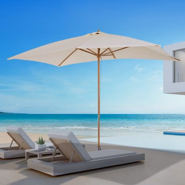 Outsunny Wooden Garden Parasol Sun Shade with White Polyester Canopy