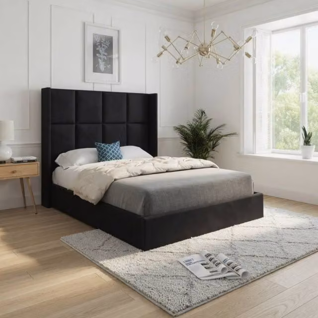KDMD Sproatley Winged Upholstered Designer Bed Frame in Black Soft Velvet, Size: King (W/D/H: 180 x 159 x 137 cm) – 1
