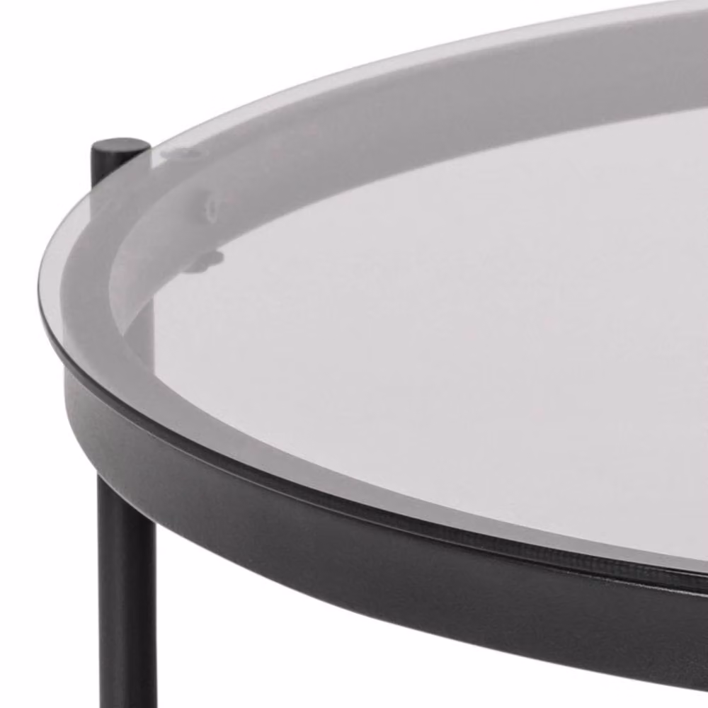 Wyld Haus Featheroak Round Smoked Glass Coffee Table in Grey with Black Metal Legs – 5