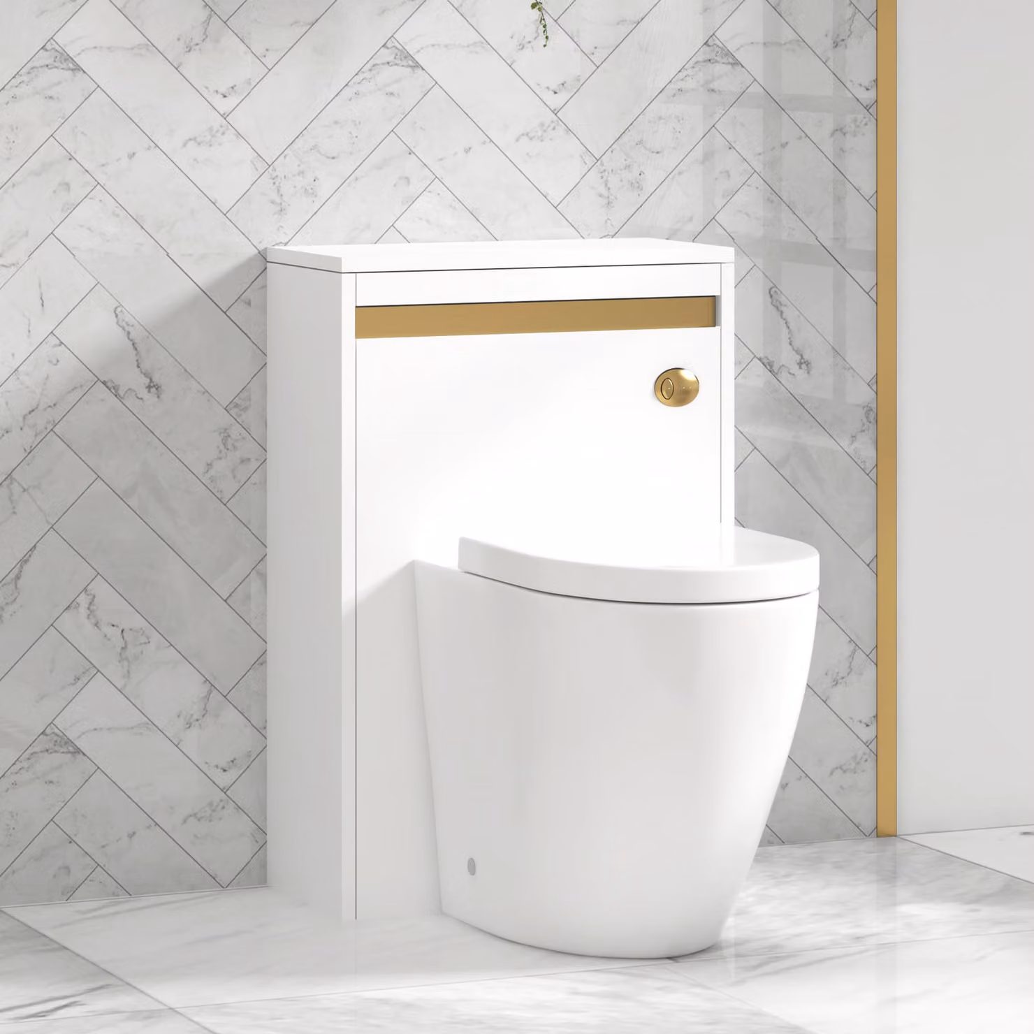 Royal Bathrooms Orion Matt White Wall Mounted WC Unit with Elva Rimless Short Projection Ceramic Toilet Pan, Seat and Cistern with Brushed Brass Accent Trim, Width: 54 cm