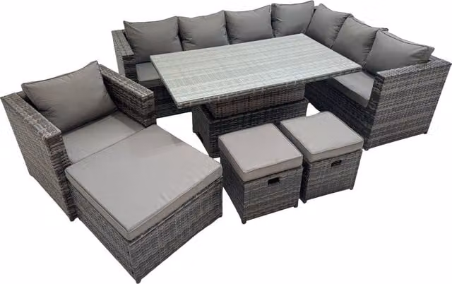 Fimous 10 Seater Rattan Corner Sofa Set with Chair and 3 Stools in Dark Grey