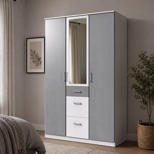 Click Modern 3 Door Wardrobe in White and Grey with Mirror, W: 135 cm