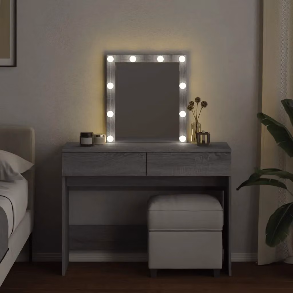 Berkfield Home Modern Grey Sonoma Dressing Table with LED Hollywood Mirror, W/D/H: 100 x 40 x 130 cm – 3