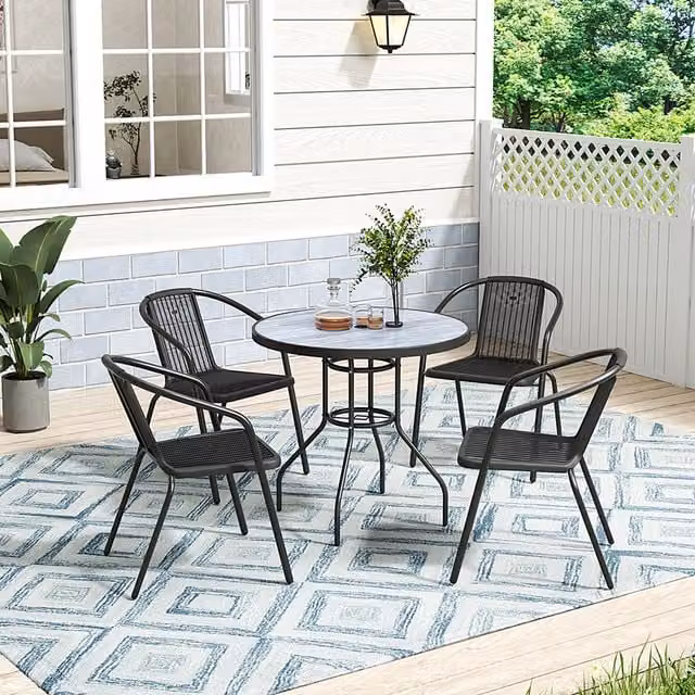 Lifeideas Rustic Garden Table and 4 Chairs Set in Black with Glass and Metal Accents