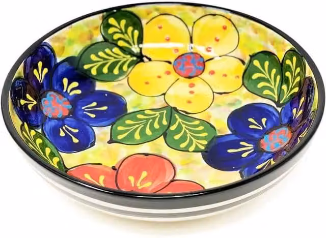 Verano Spanish Ceramics Hand Painted Floral Shallow Kitchen Dining Bowl, Multicolour, Diameter: 23 cm