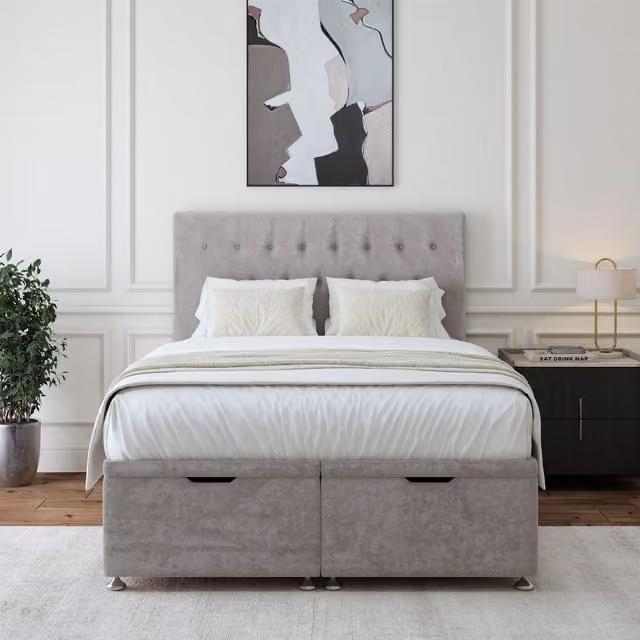 Bedmaster Luxury Velvet Ottoman Divan Base and Button Headboard in Light Grey, Super King, W/D/H: 200 x 200 cm
