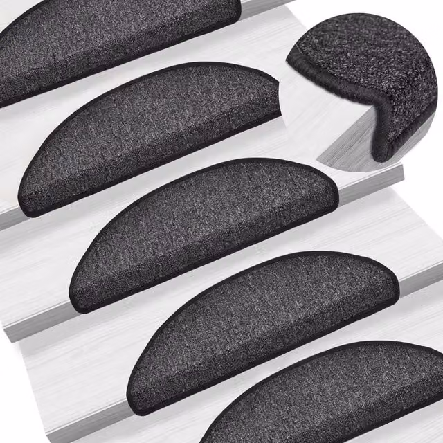 Berkfield Home Self-Adhesive Carpet Stair Treads, 15 Pieces, Anthracite Black, W/D/H: 56 x 17 x 3 cm – 1