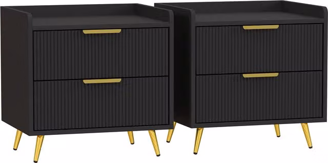 HOMCOM Set of 2 Elegant Modern Two-Drawer Bedside Tables in Black and Gold – 1