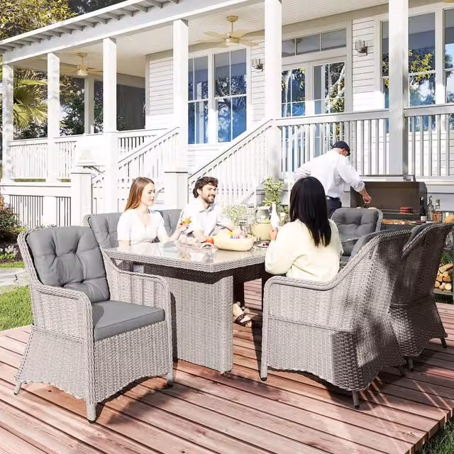 Outsunny 7 Piece Grey PE Rattan Wicker Dining Table Set with Tempered Glass and Powder Coated Aluminium Frame – 2