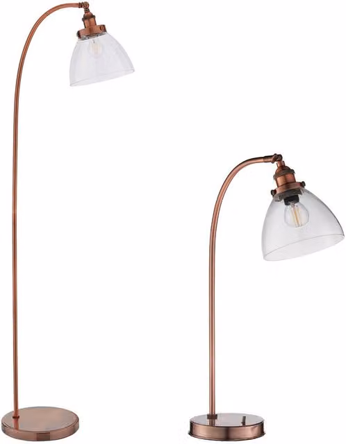 Loops Industrial Standing Floor and Table Lamp Set in Aged Copper with Transparent Glass Shades
