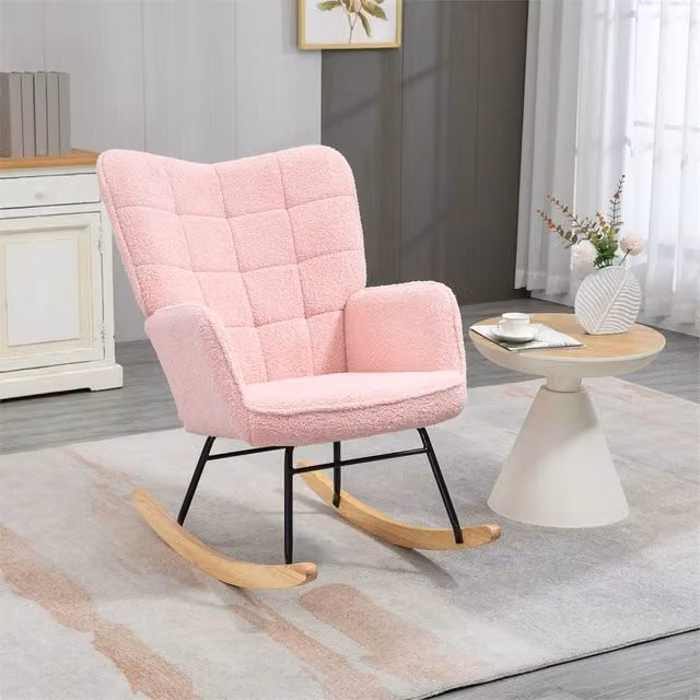 EONLION Pink Bouclé Nursing Rocking Chair with Armrests