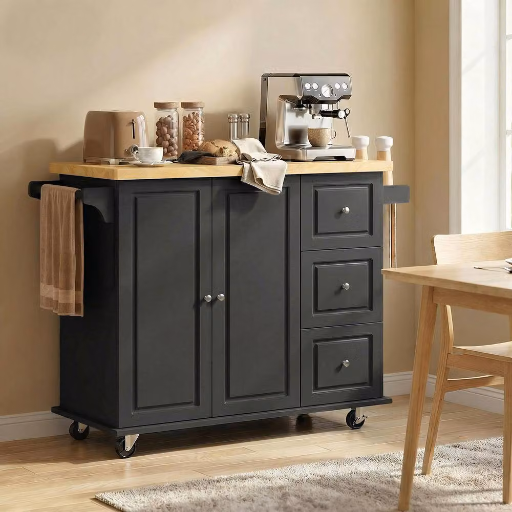 STILVORA Modern Black Kitchen Island with Rubberwood Drawers and Drop Leaf – 7