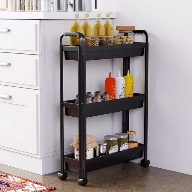 FORGEVIO 3-Tier Narrow Mobile Shelving Unit Slim Rolling Storage Cart in Black – 1