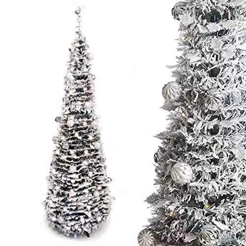 Best Artificial 6ft Pre-lit and Pre-Decorated Pop-up Snow Flocked Christmas Tree in White