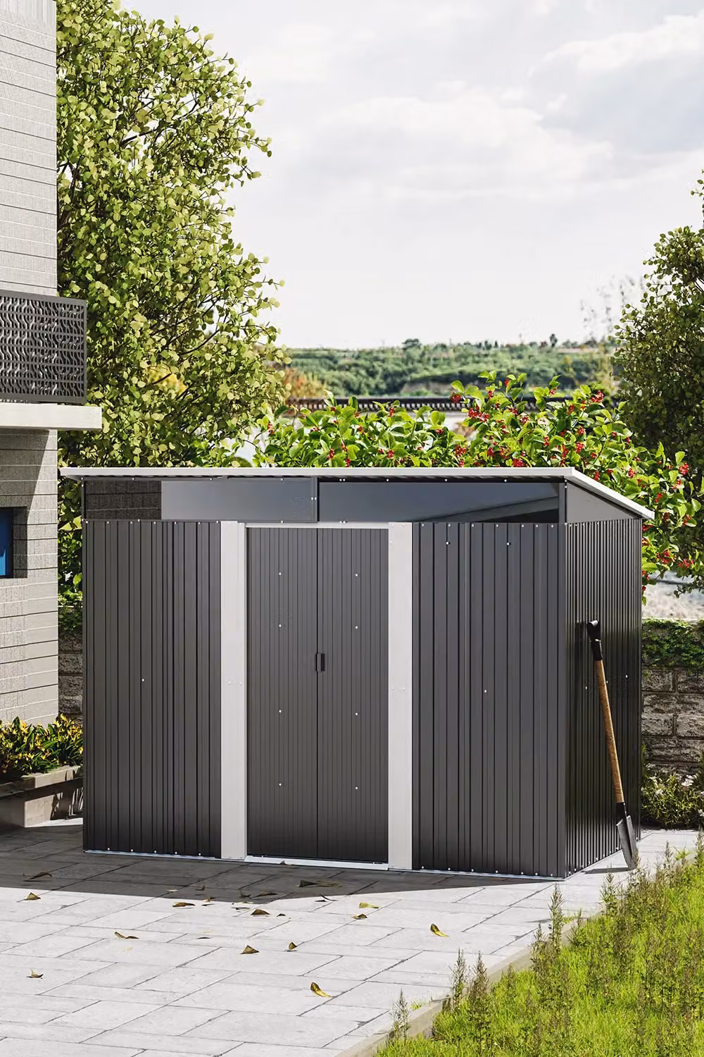 Living and Home Metal Garden Storage Shed with Pent Roof, Double Lockable Sliding Doors and Foundation Base, Charcoal Black – 2