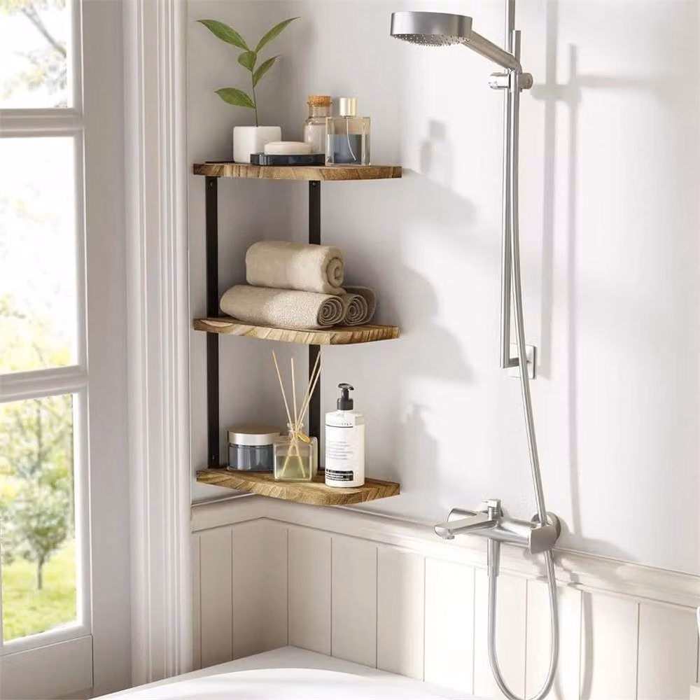 Nordara 3 Tier Rustic Wooden Corner Wall Mounted Shelf in Black – 3
